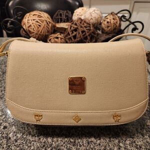 MCM Cream Shoulder Bag with Gold Accents